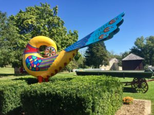 An oversized and brightly painted distlefink greets visitors at the Berks County Heritage Center. A distlefink is a bird and a symbol of good luck among the area's PA Dutch people.