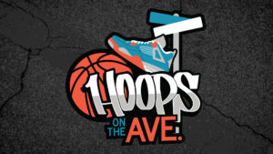 Hoops on the Ave. logo on a road background